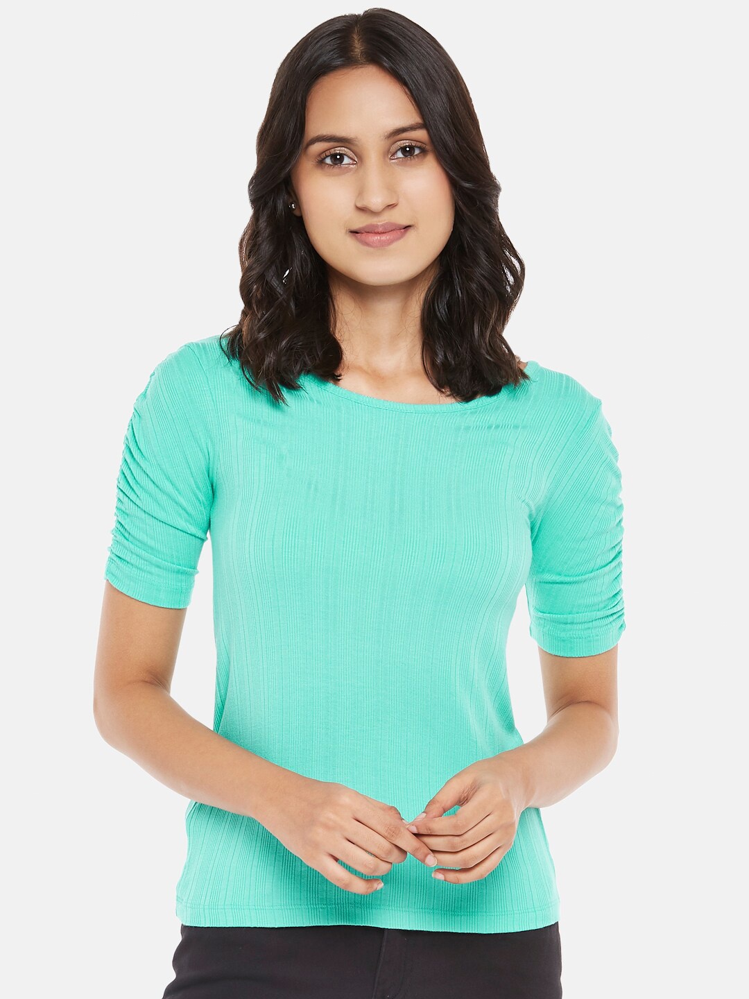 

Honey by Pantaloons Green Self-Striped Top With Gathered Sleeves