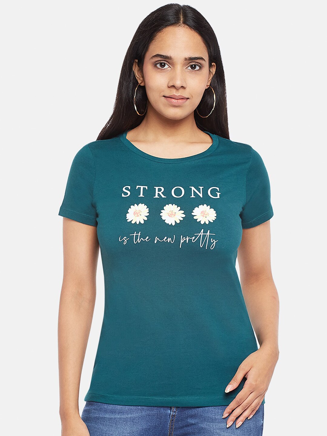 

Honey by Pantaloons Women Green Typography Printed Pure Cotton T-shirt