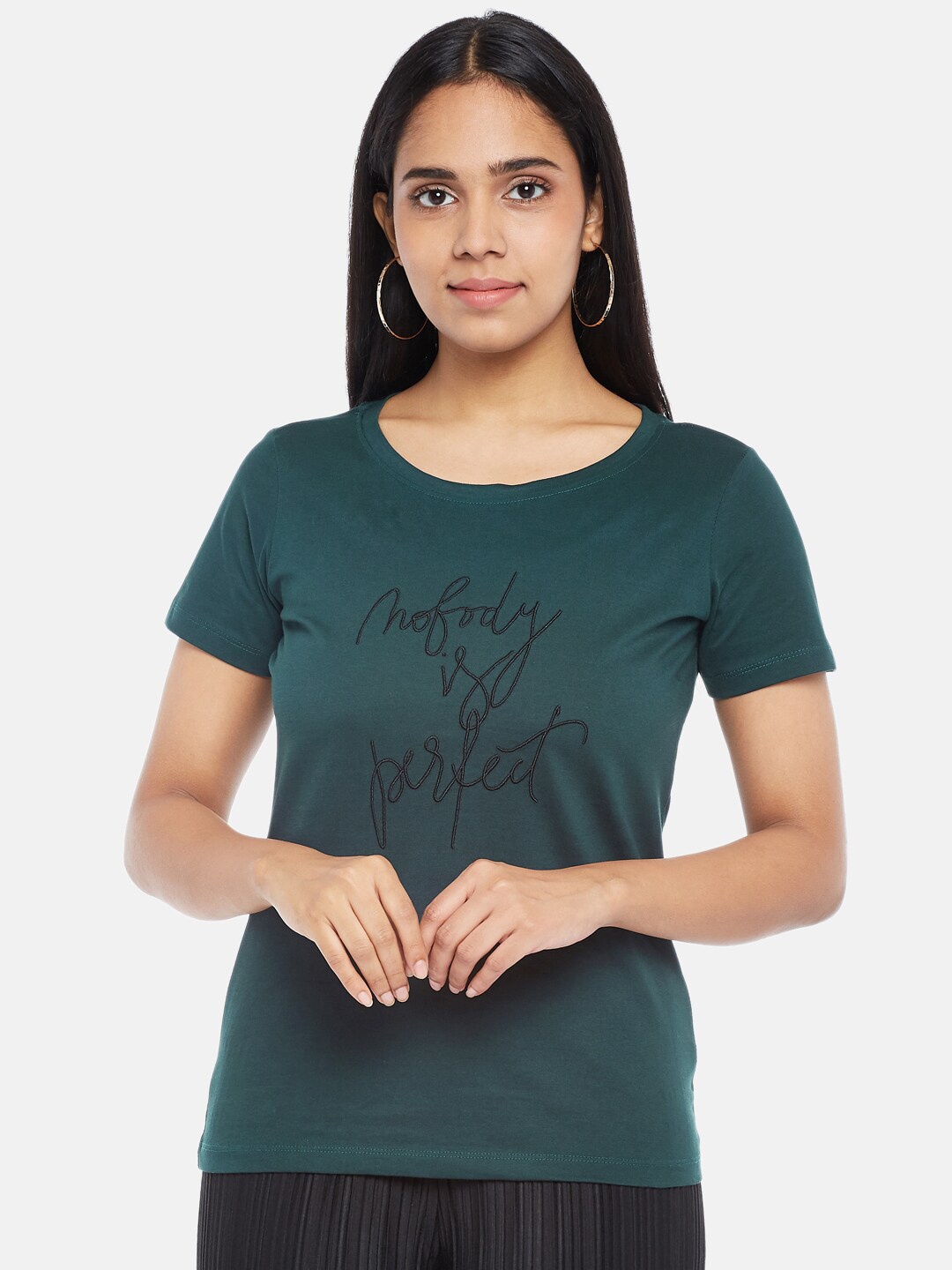 

Honey by Pantaloons Women Green Typography Printed T-shirt