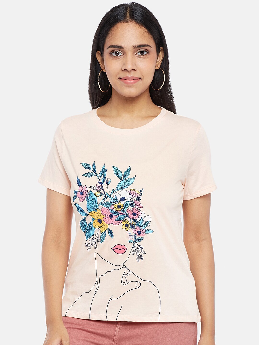 

People Women Pink Floral Printed Applique T-shirt