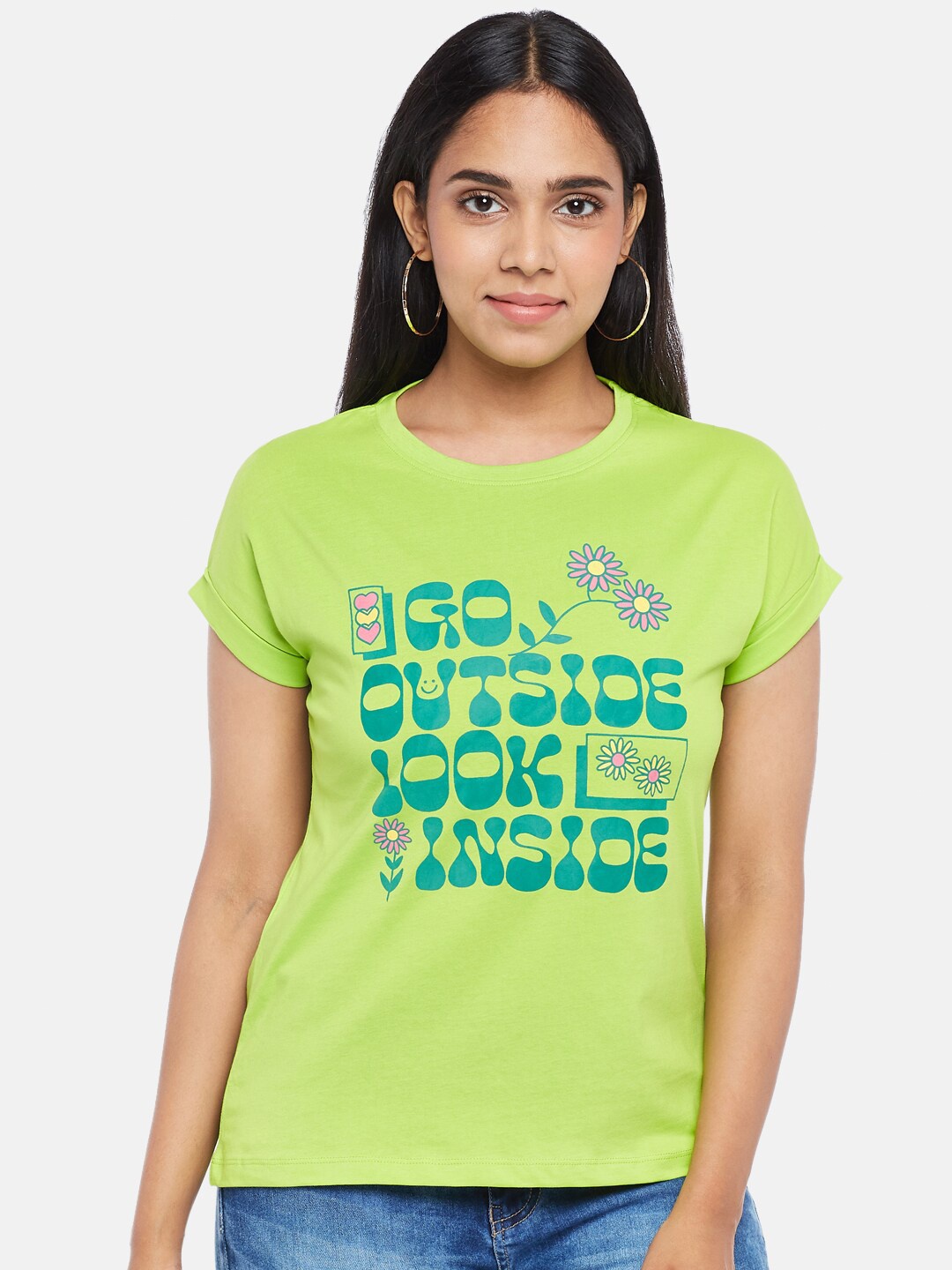 

People Women Lime Green Typography Printed Pure Organic Cotton T-shirt