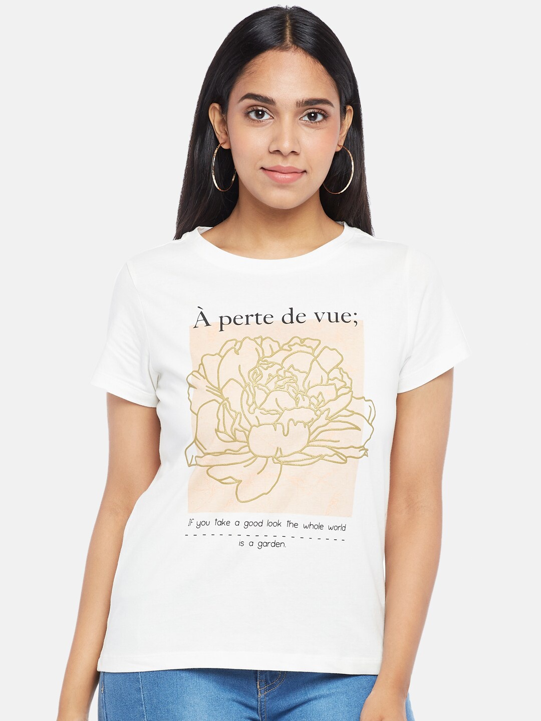 

People Women White & Beige Printed Organic Cotton T-shirt