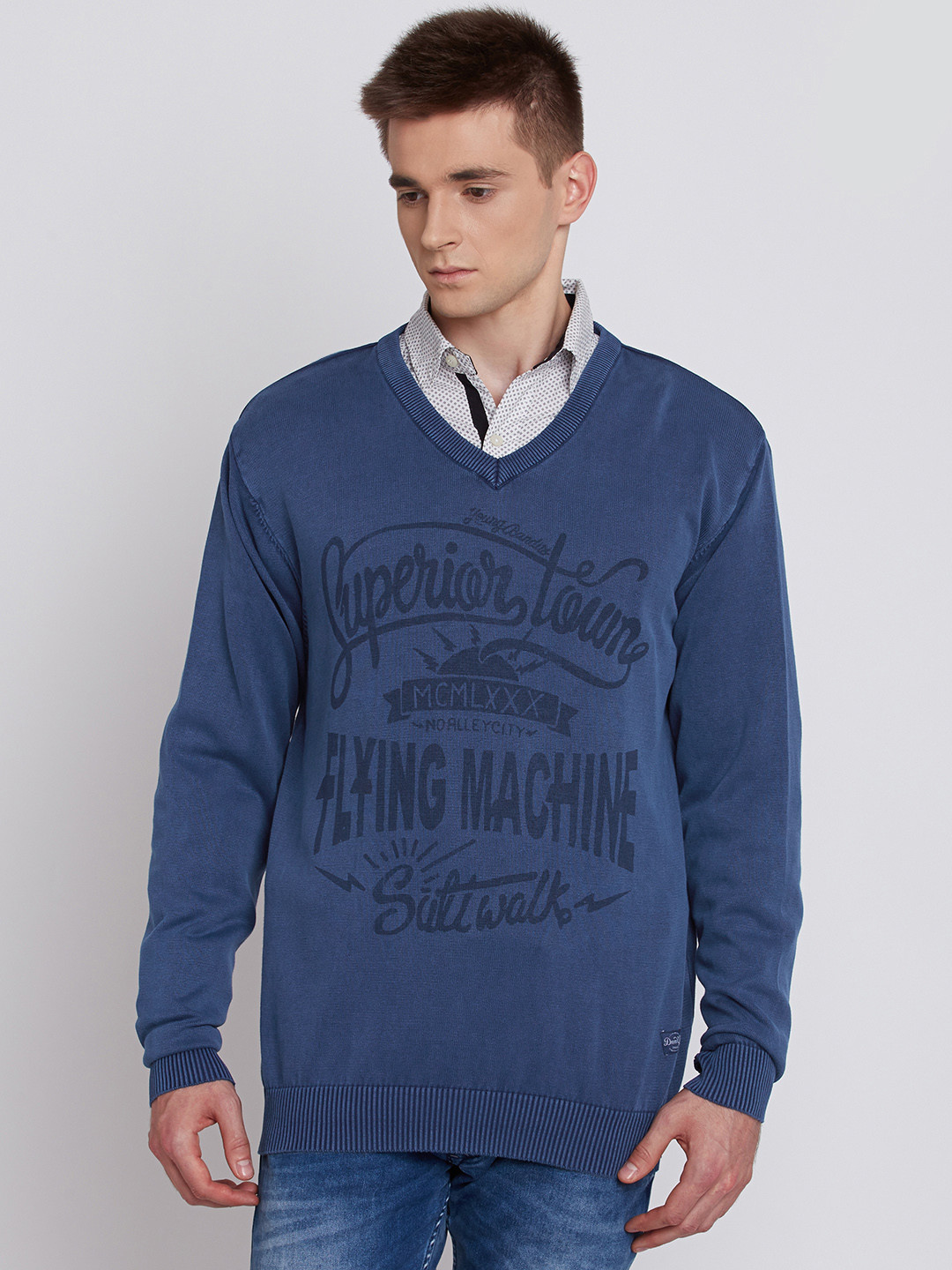 

Flying Machine Men Blue Printed Sweater