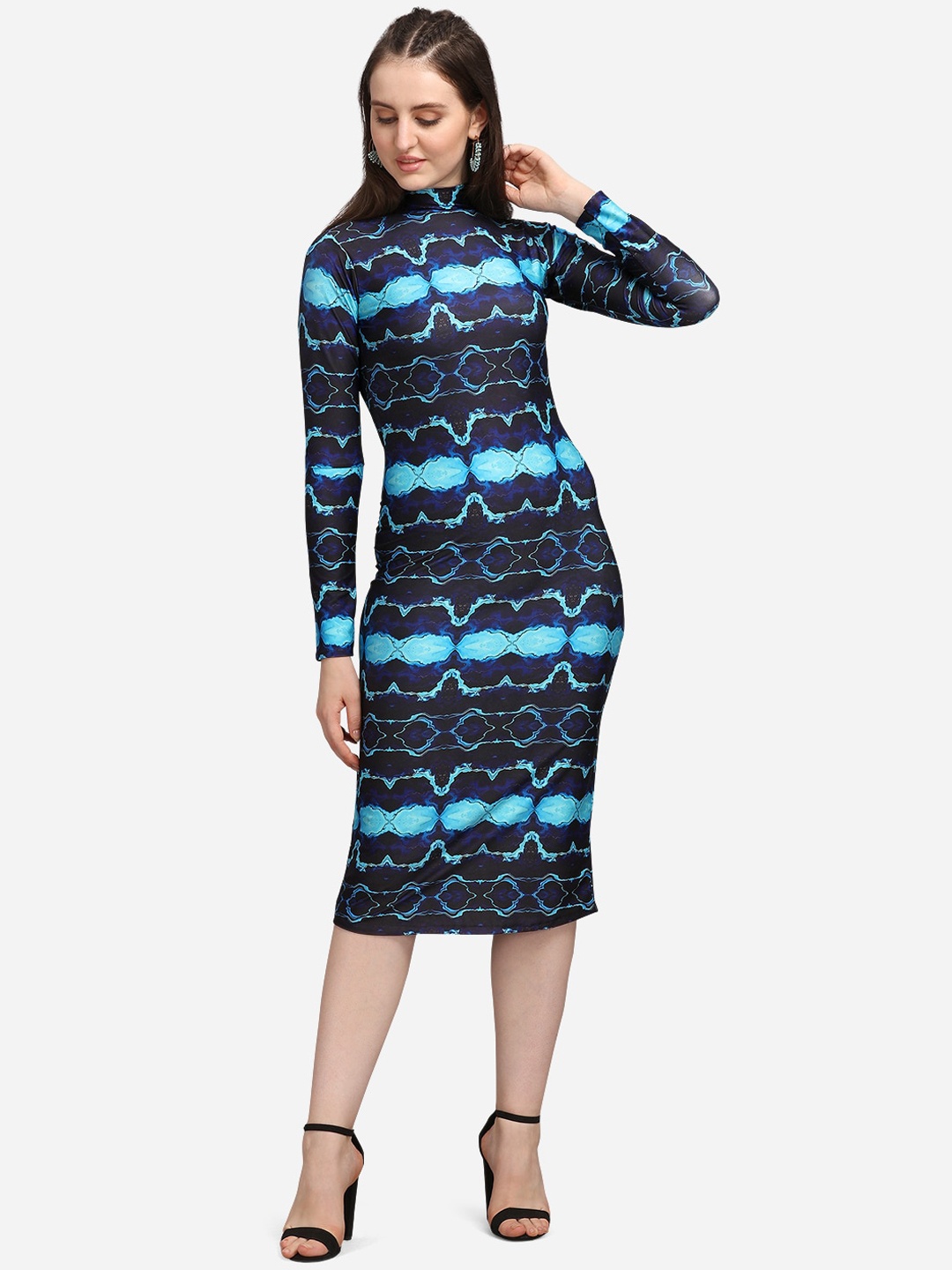 

PURVAJA Navy Blue Tie and Dye Dyed Bodycon Midi Dress