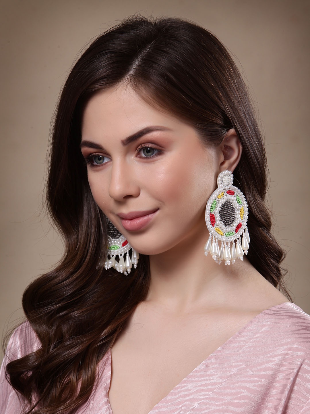 

VOGUE PANASH White Pearl Embellished Circular Drop Earrings