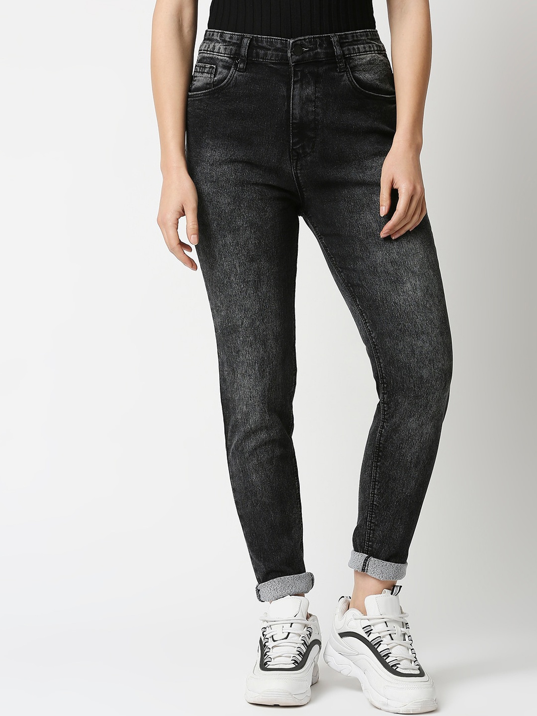 

High Star Women Black Slim Fit High-Rise Heavy Fade Acid Wash Jeans