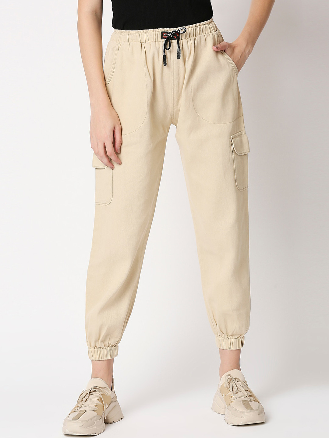 

High Star Women Cream-Coloured Jogger High-Rise Low Distress Jeans