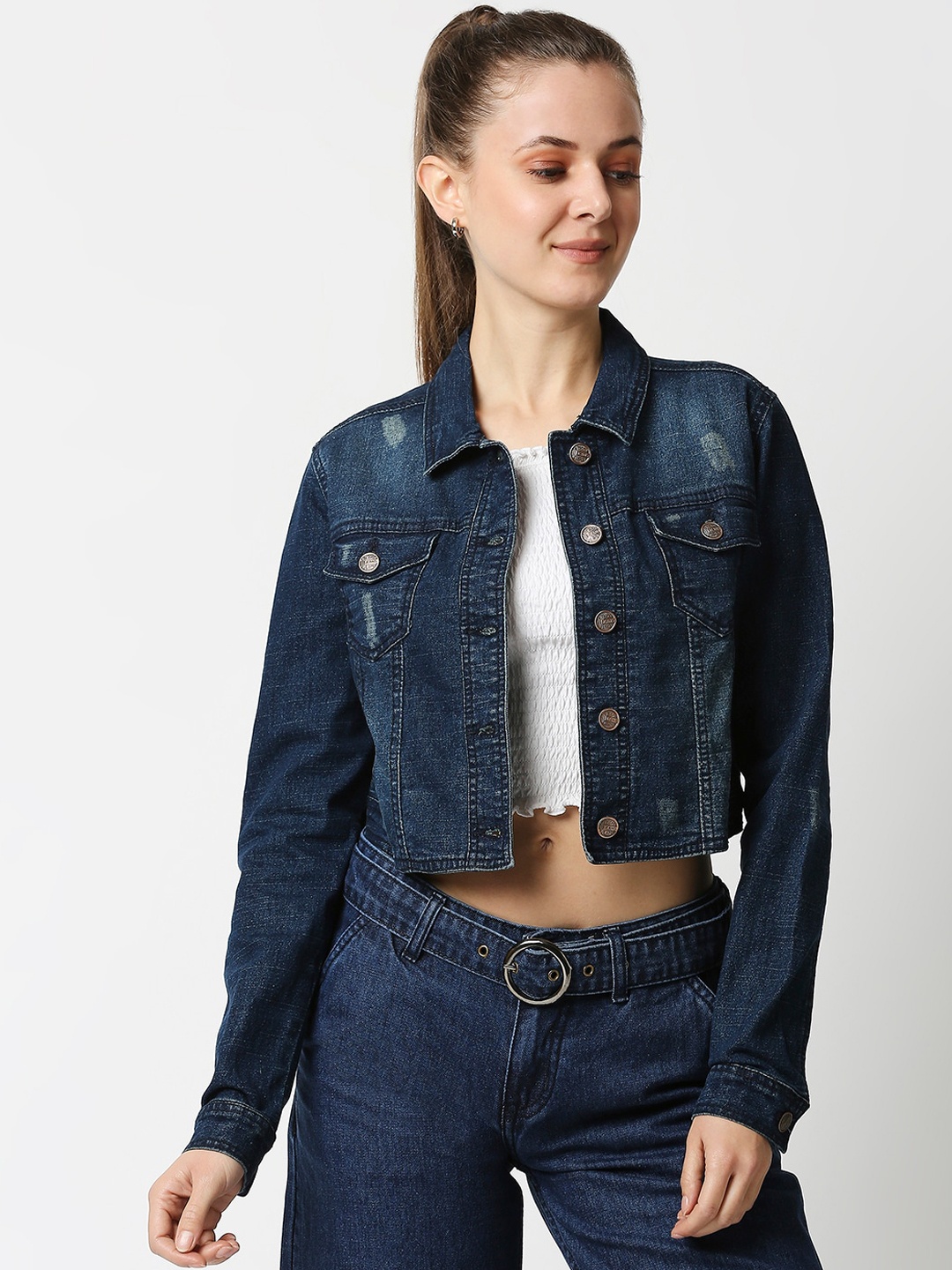 

High Star Women Blue Washed Crop Denim Jacket With Patchwork