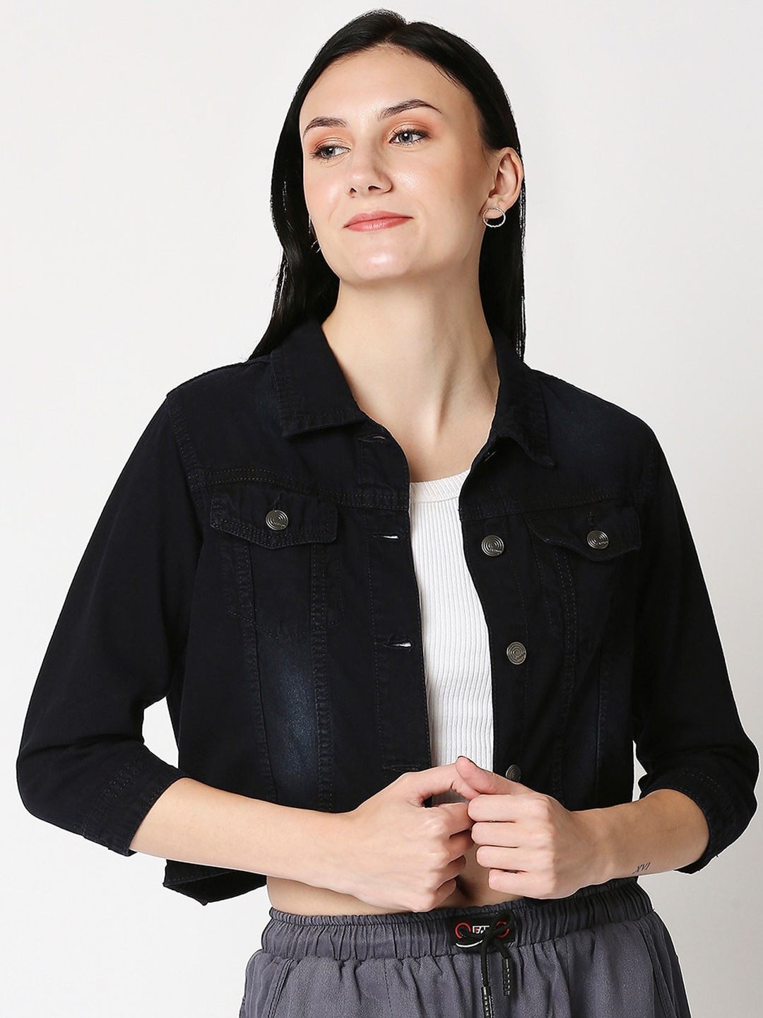 

High Star Women Black Washed Lightweight Crop Denim Jacket