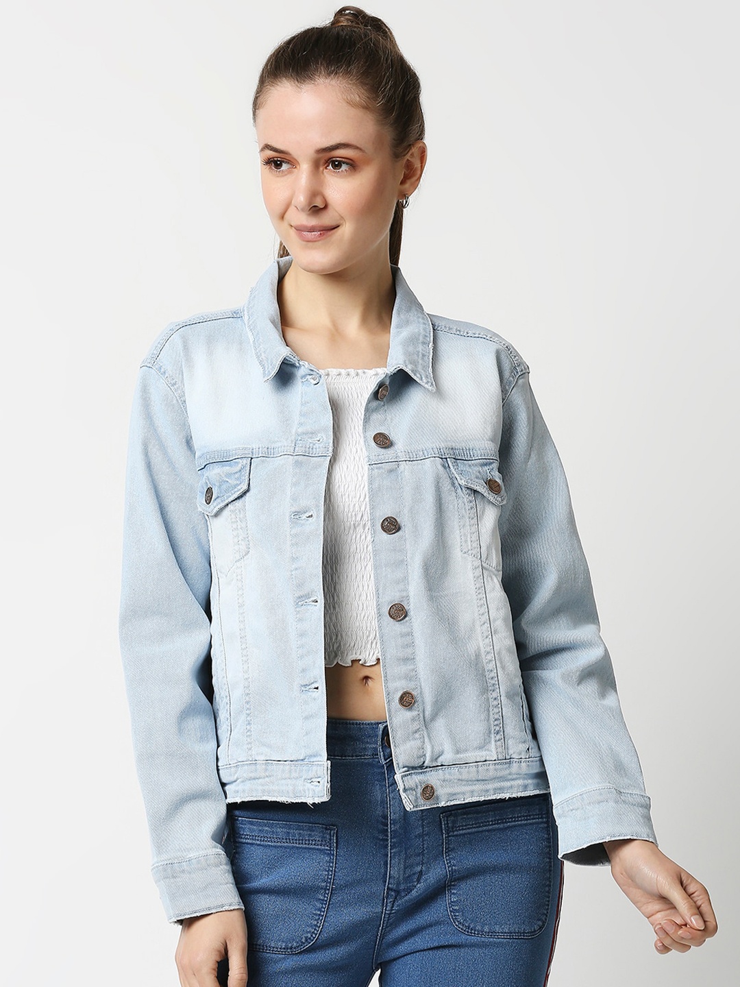 

High Star Women Blue Washed Crop Denim Jacket