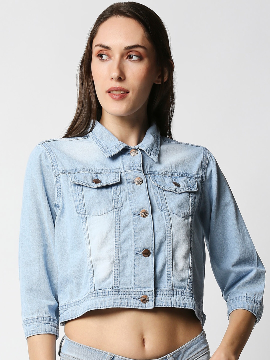 

High Star Women Blue Washed Crop Denim Jacket