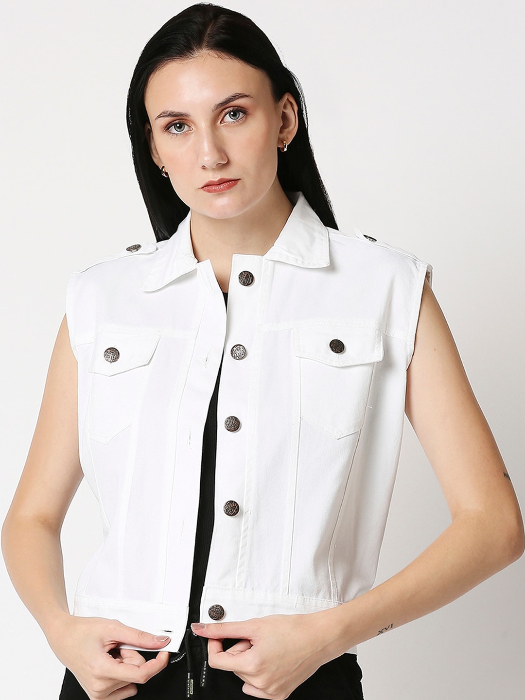 

High Star Women White Lightweight Crop Denim Jacket