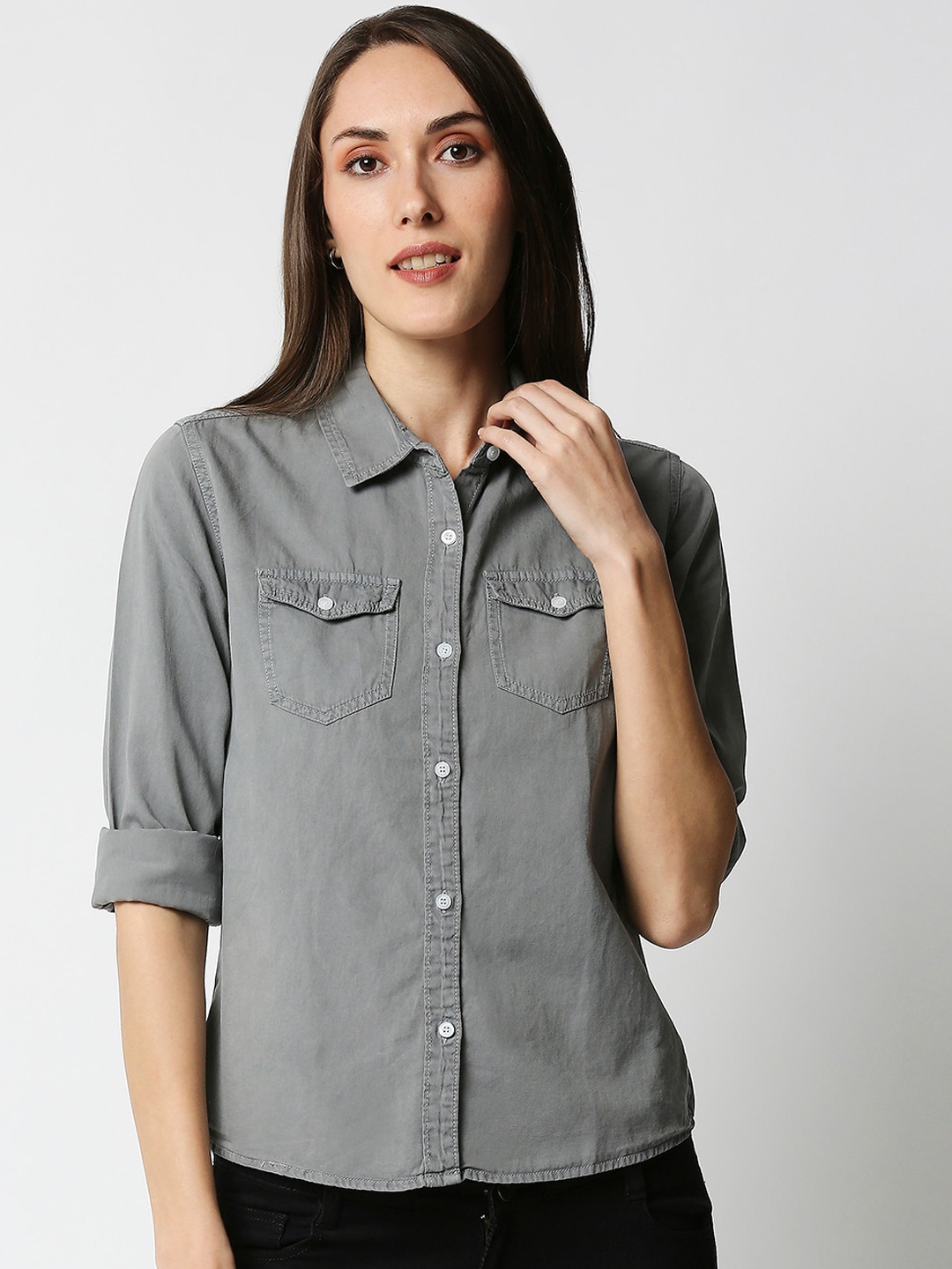 

High Star Women Grey Opaque Casual Shirt
