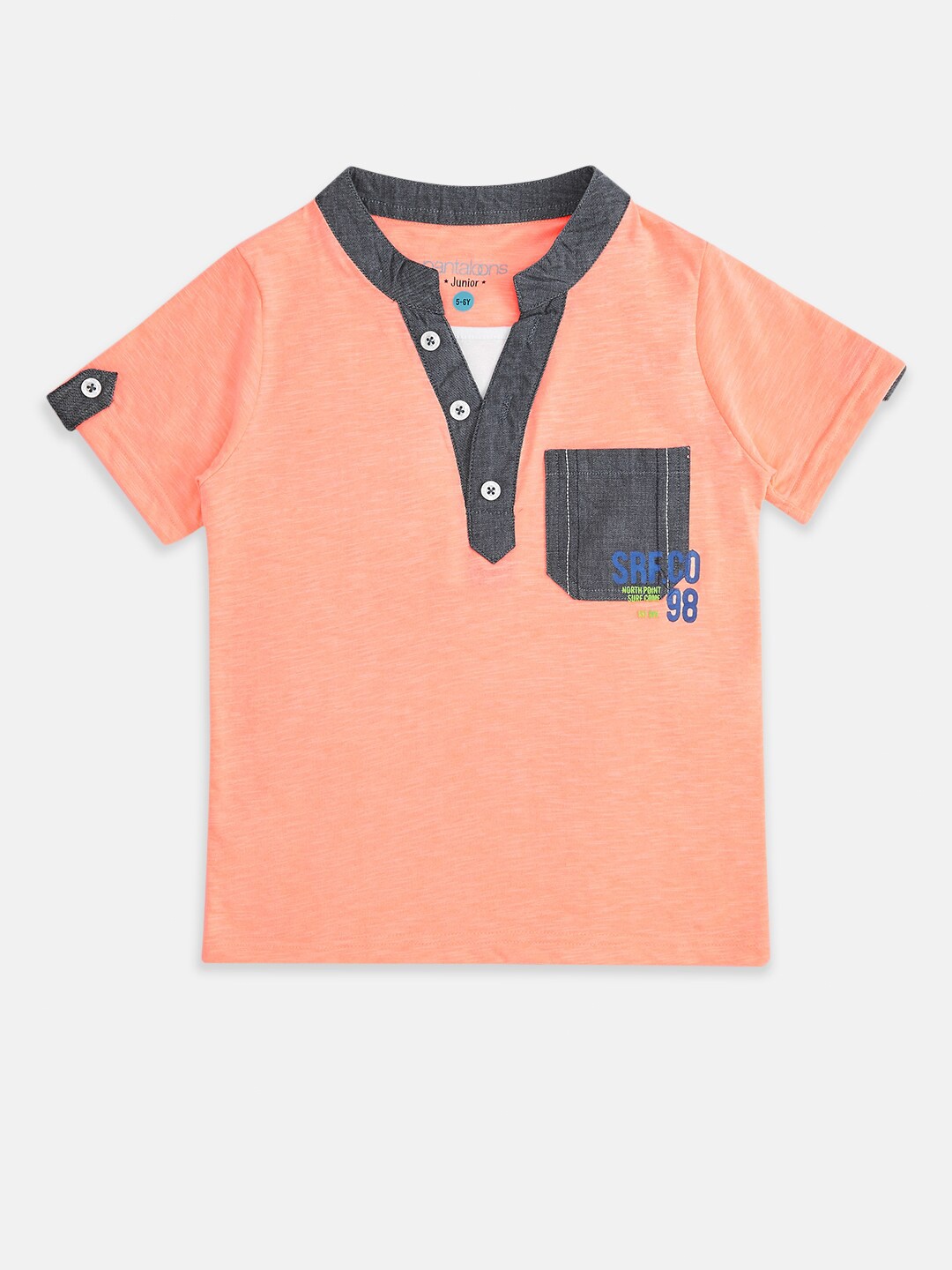 

Pantaloons Junior Boys Pink Typography V-Neck Pockets T-shirt
