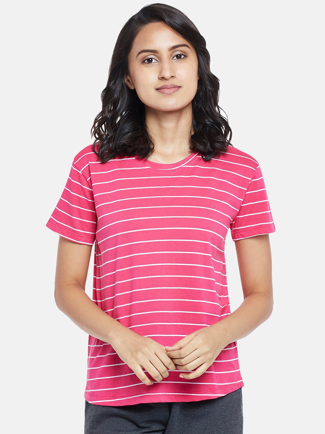 

Dreamz by Pantaloons Pink & White Striped Regular Lounge tshirt