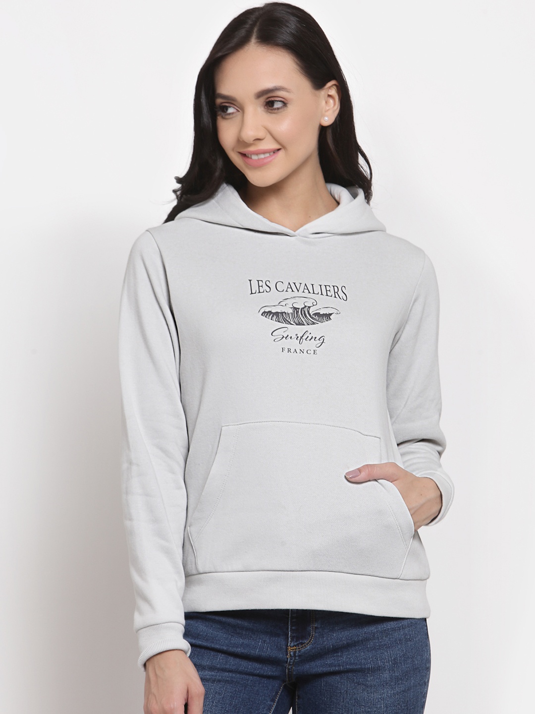 

Mode by Red Tape Women Grey Printed Hooded Sweatshirt