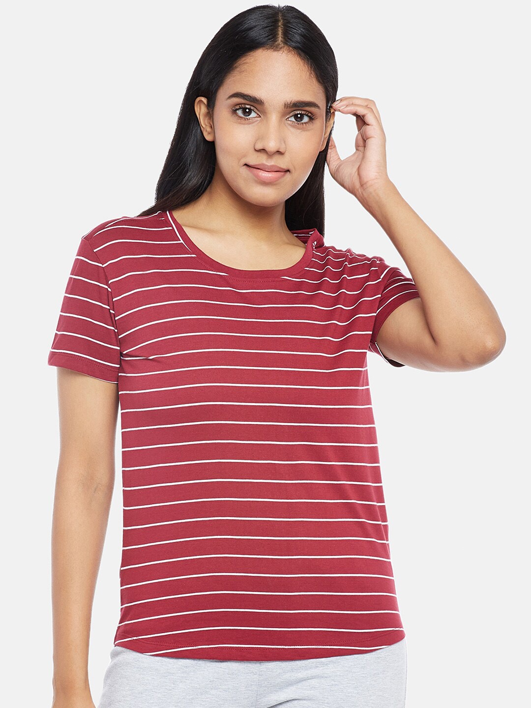 

Dreamz by Pantaloons Women Red Striped Pockets Lounge T-shirt