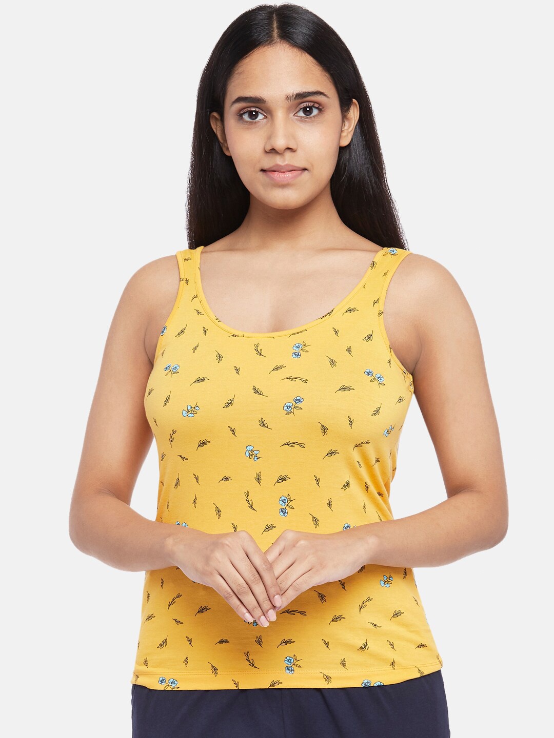 

Dreamz by Pantaloons Mustard Yellow & Blue Floral Regular Lounge tshirt