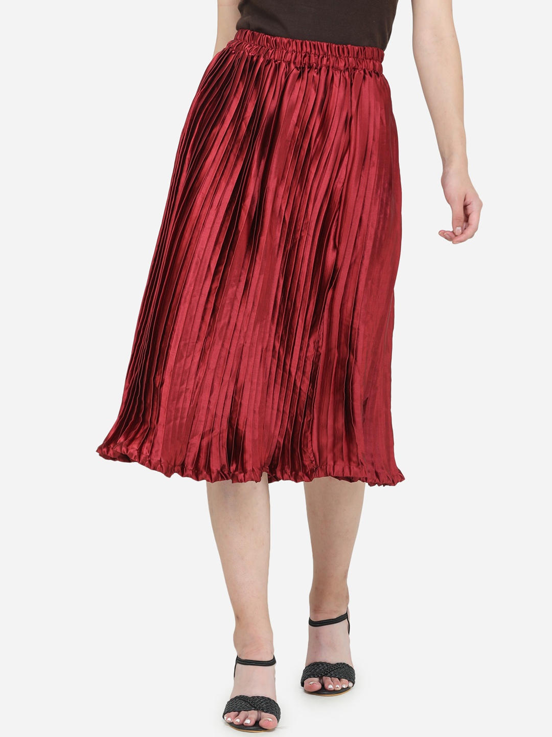 

DECHEN Maroon Solid Flared Midi Satin Pleated Skirt