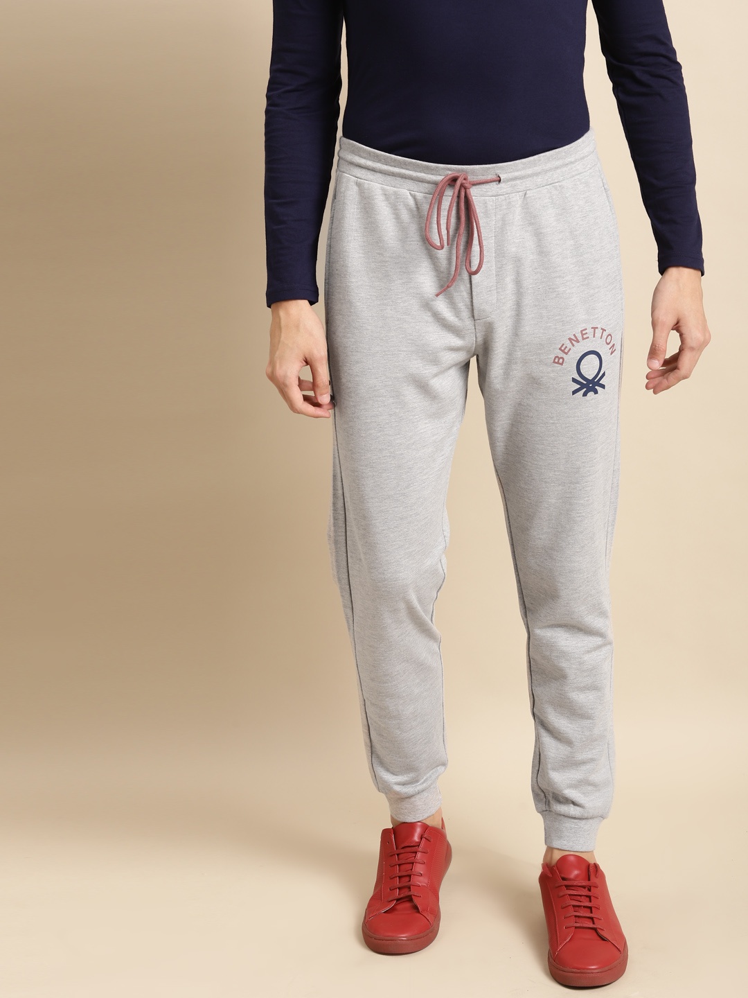 

United Colors of Benetton Men Grey Melange Brand Logo Printed Joggers
