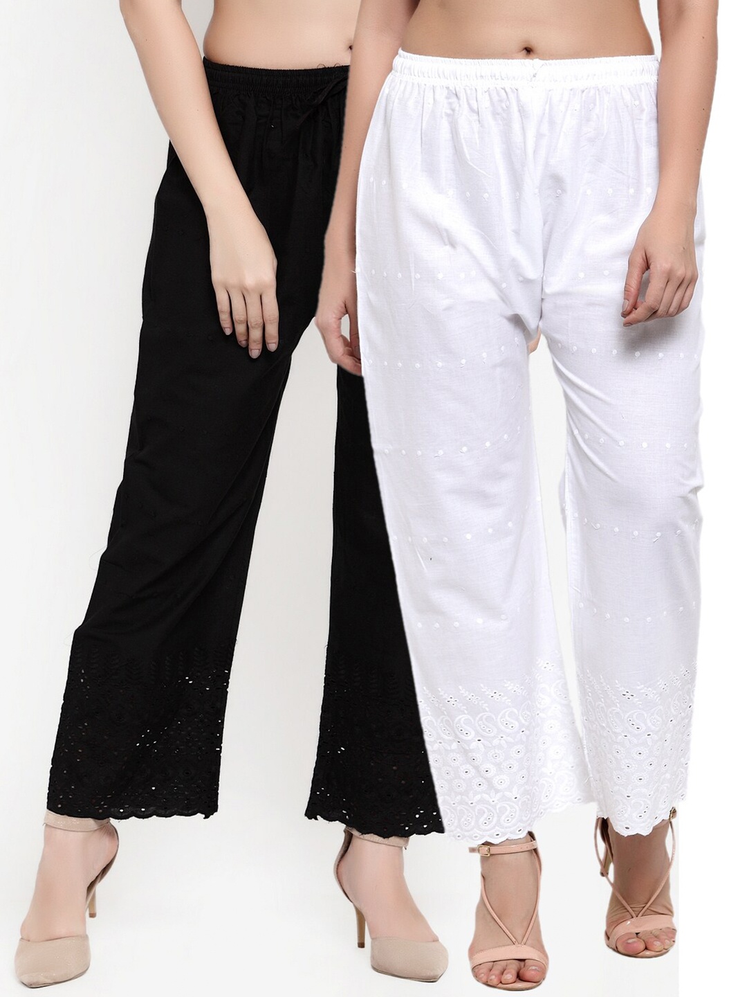 

Miaz Lifestyle Women Pack Of 2 Black & White Floral Embroidered Ethnic Palazzos