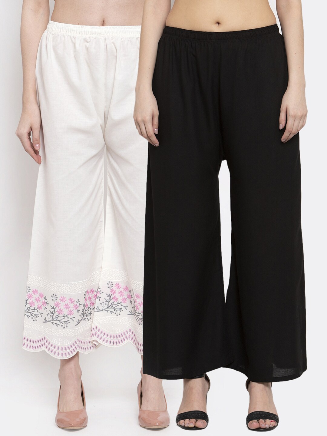 

Miaz Lifestyle Set-2 Women White & Black Floral Embroidered Ethnic Palazzos