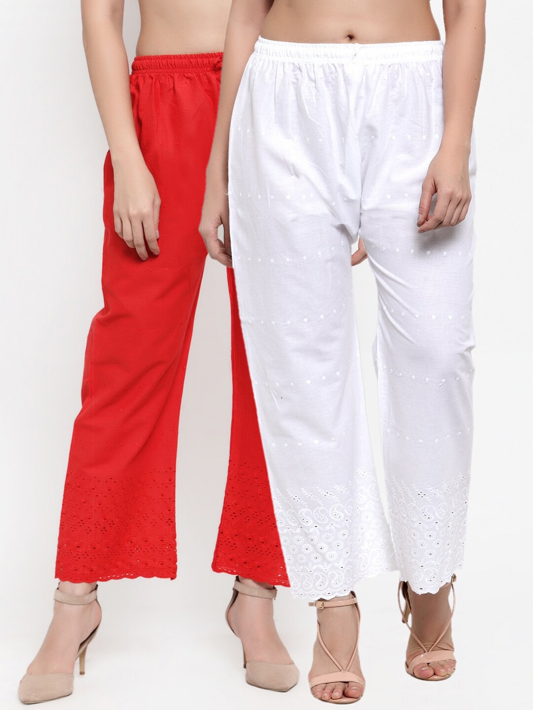 

Miaz Lifestyle Women Pack Of 2 Pure Cotton Embroidered Palazzos, Red
