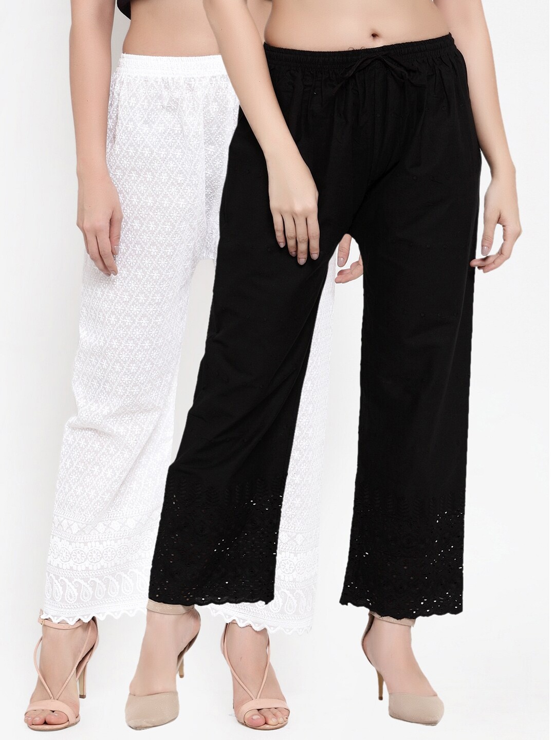 

Miaz Lifestyle Set-2 Women White & Black Floral Embroidered Flared Ethnic Palazzos