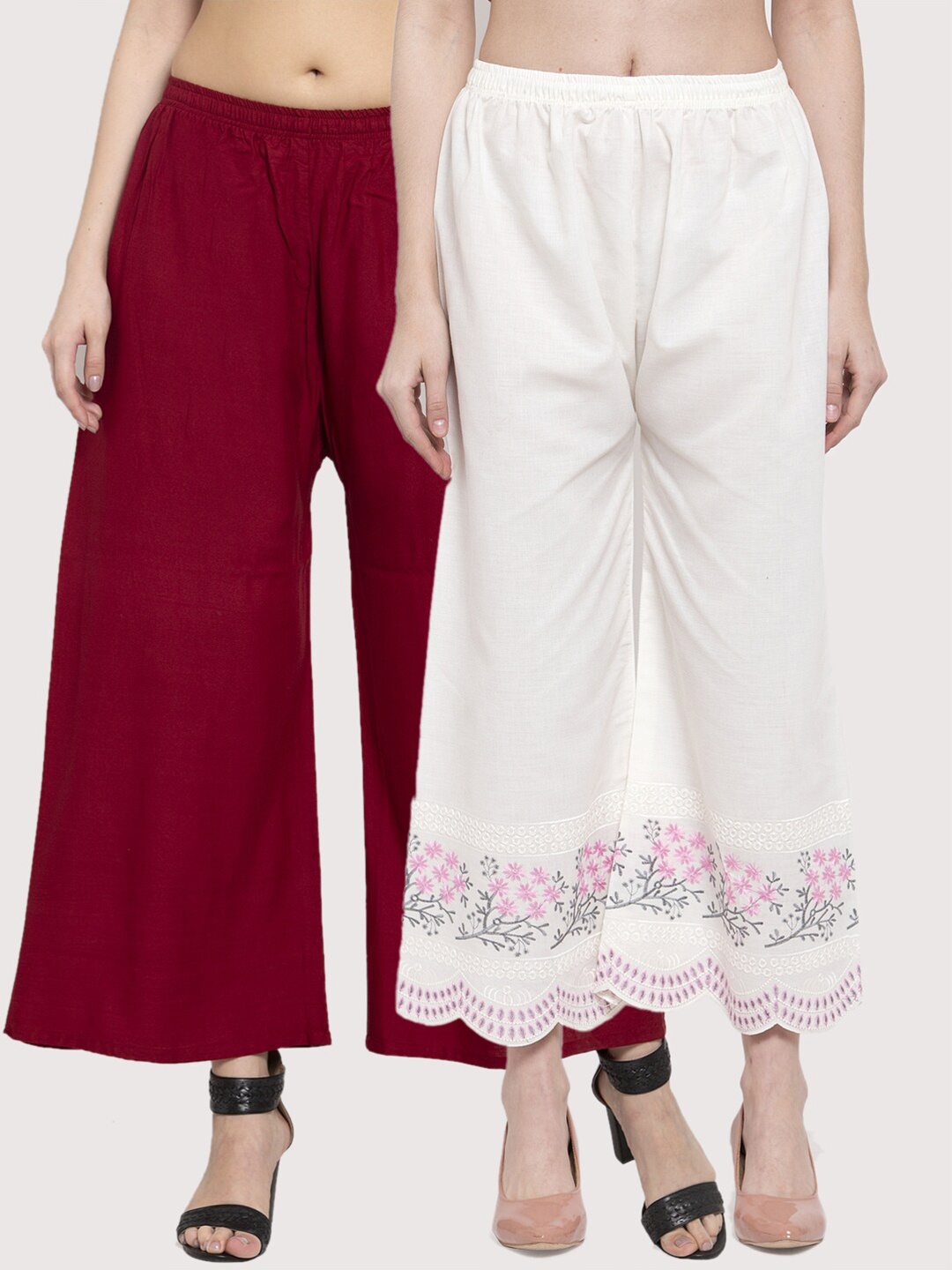 

Miaz Lifestyle Women Pack Of 2 White & Maroon Ethnic Palazzos