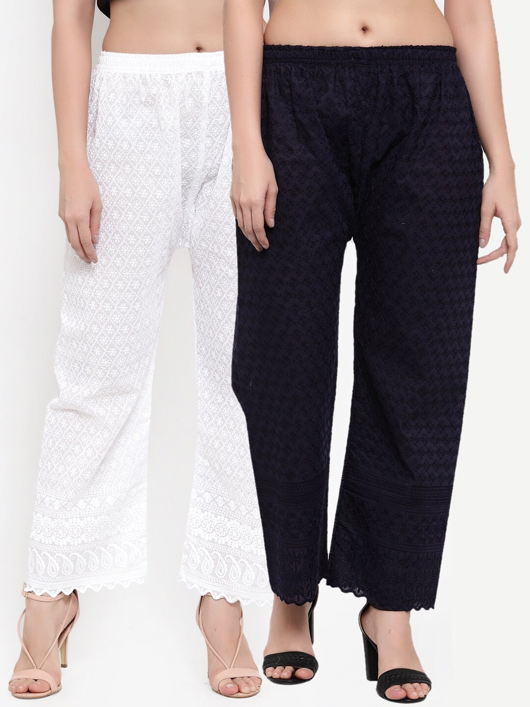 

Miaz Lifestyle Women Pack Of 2 Pure Cotton Embroidered Palazzos, White