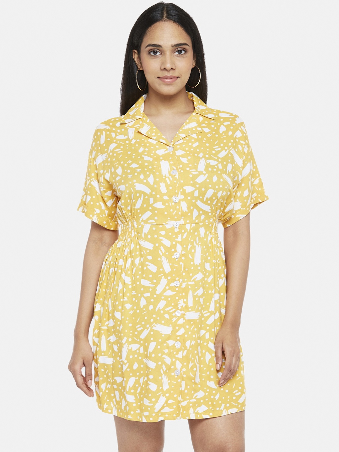 

People Mustard Yellow & White Floral A-Line Dress