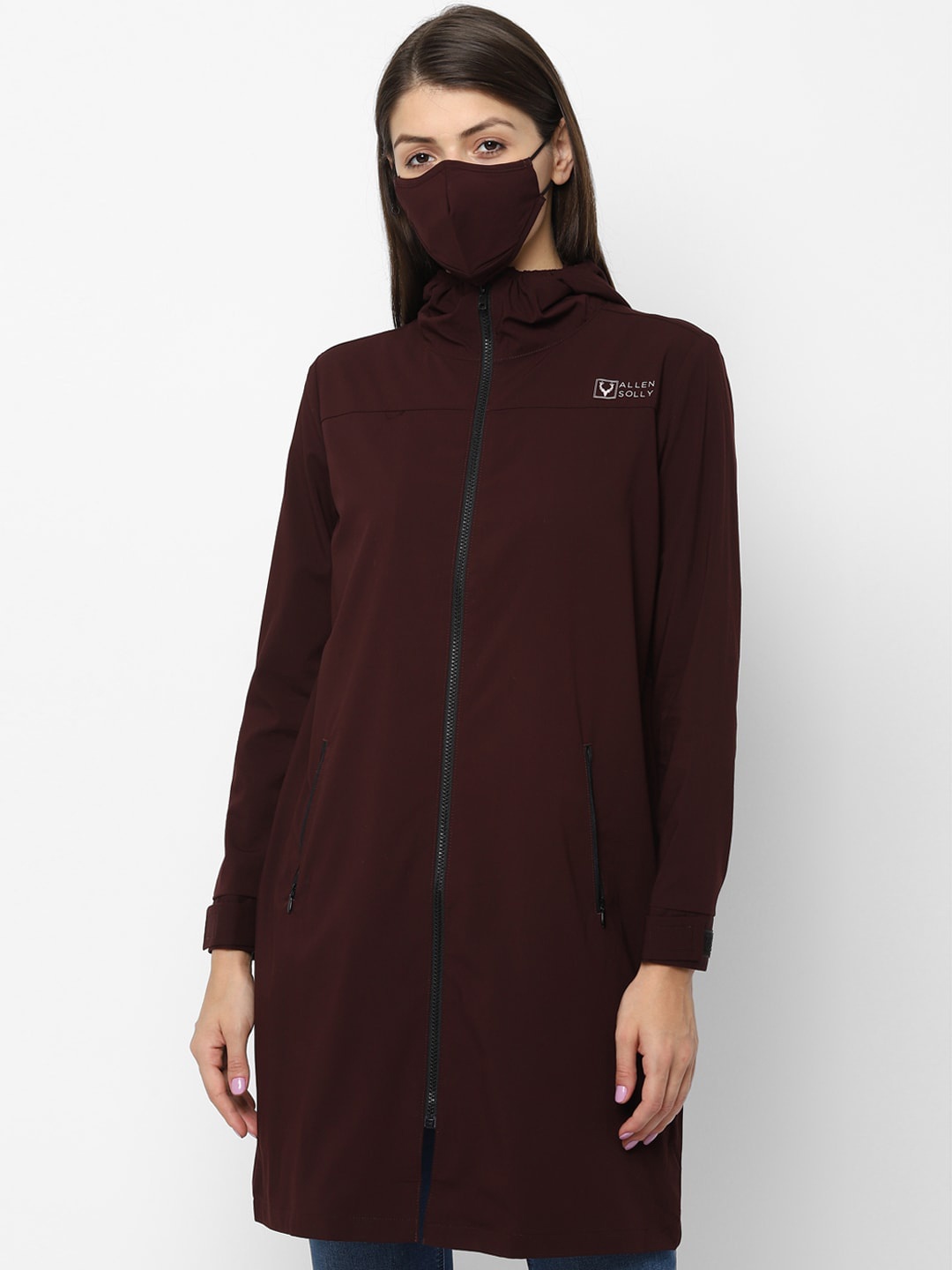 

Allen Solly Woman Maroon Longline Tailored Jacket With Hood