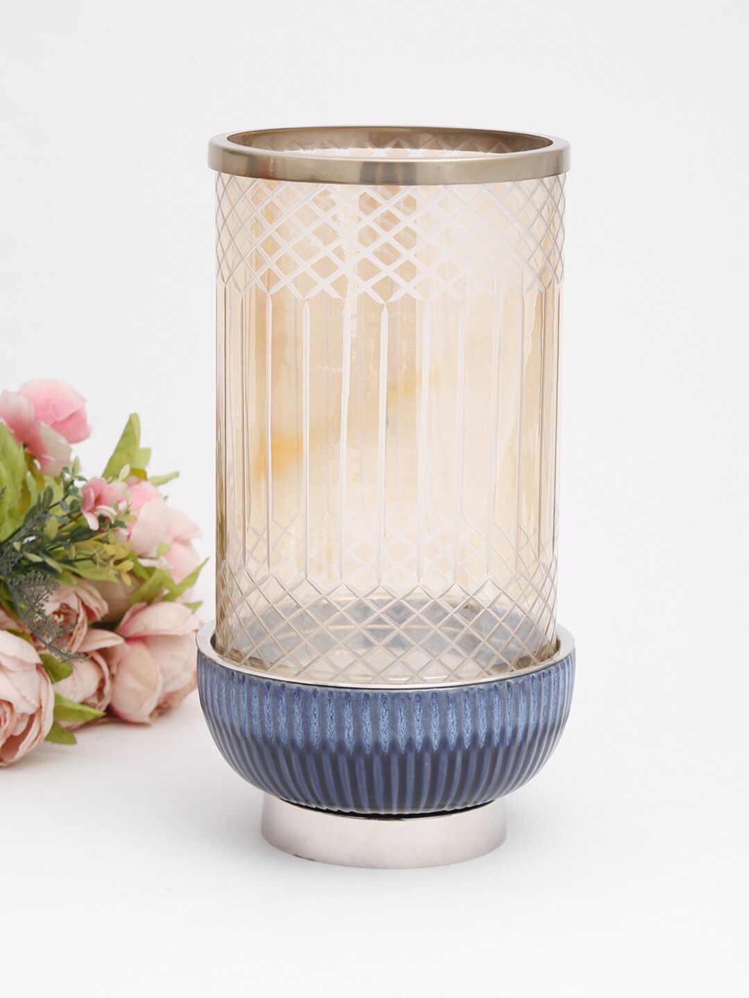 

Fabindia Blue & Transparent Textured Ceramic Hurricane Candle Holder