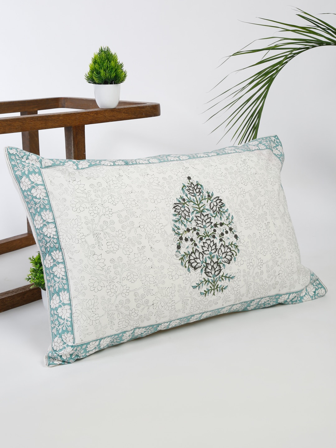 

Fabindia Teal Blue & White Printed Woven Cotton Pillow Cover