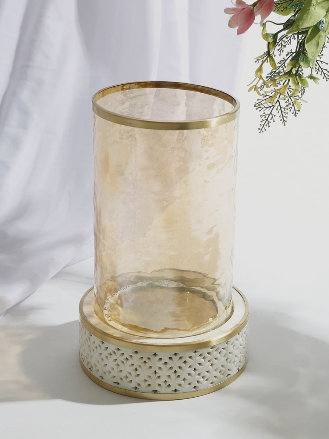 

Fabindia Gold-Toned & White Patterned Glass Candle Holder