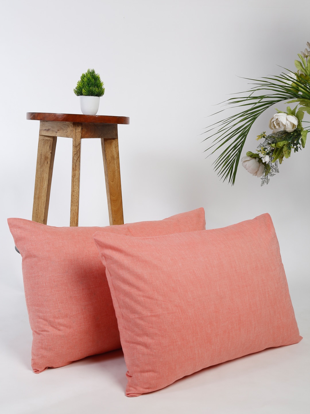 

Fabindia Set Of 2 Coral-Coloured Solid Cotton Rectangular Pillow Covers
