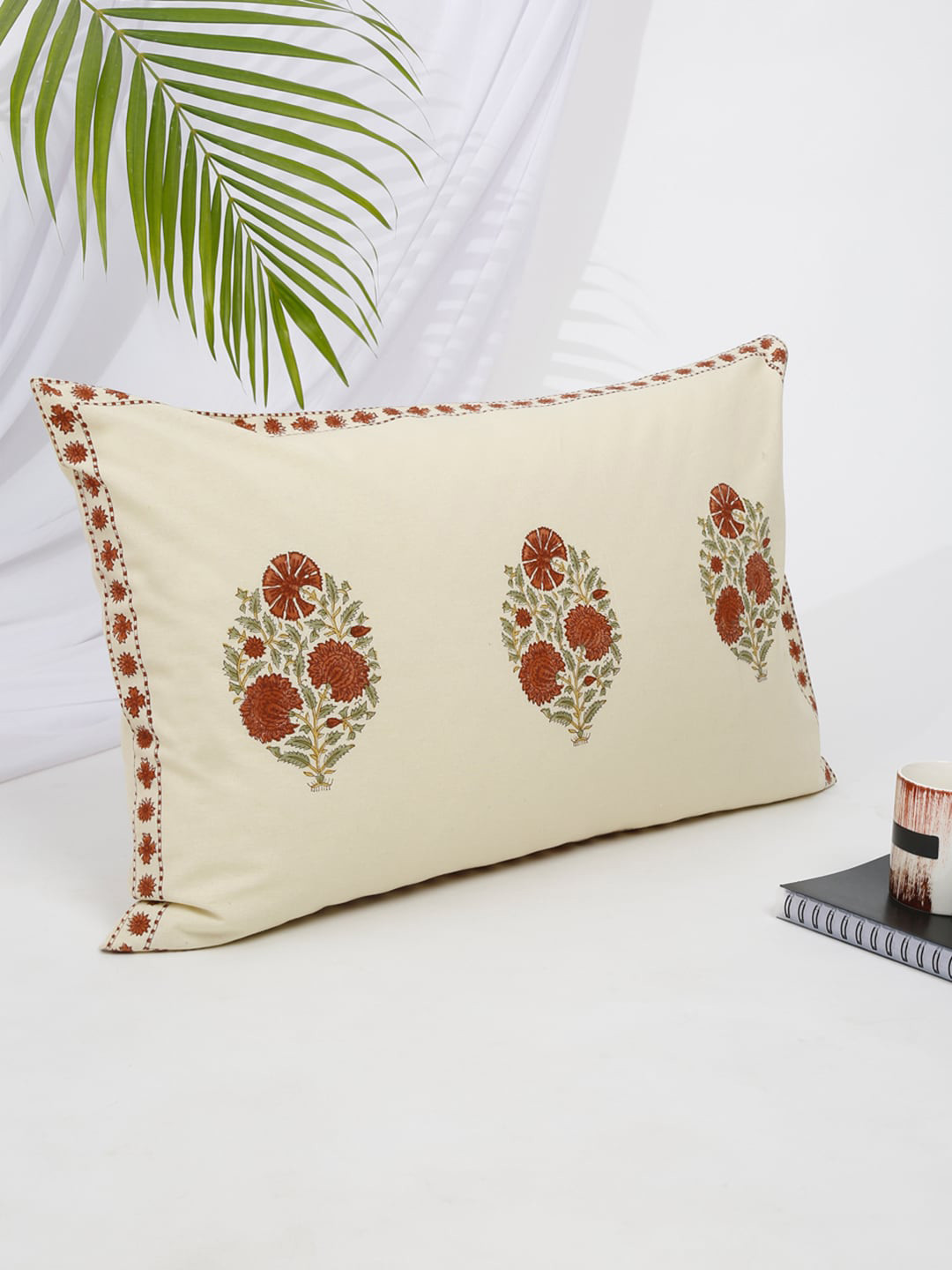 

Fabindia Set Of 2 Beige & Rust Orange Printed Cotton Pillow Cover