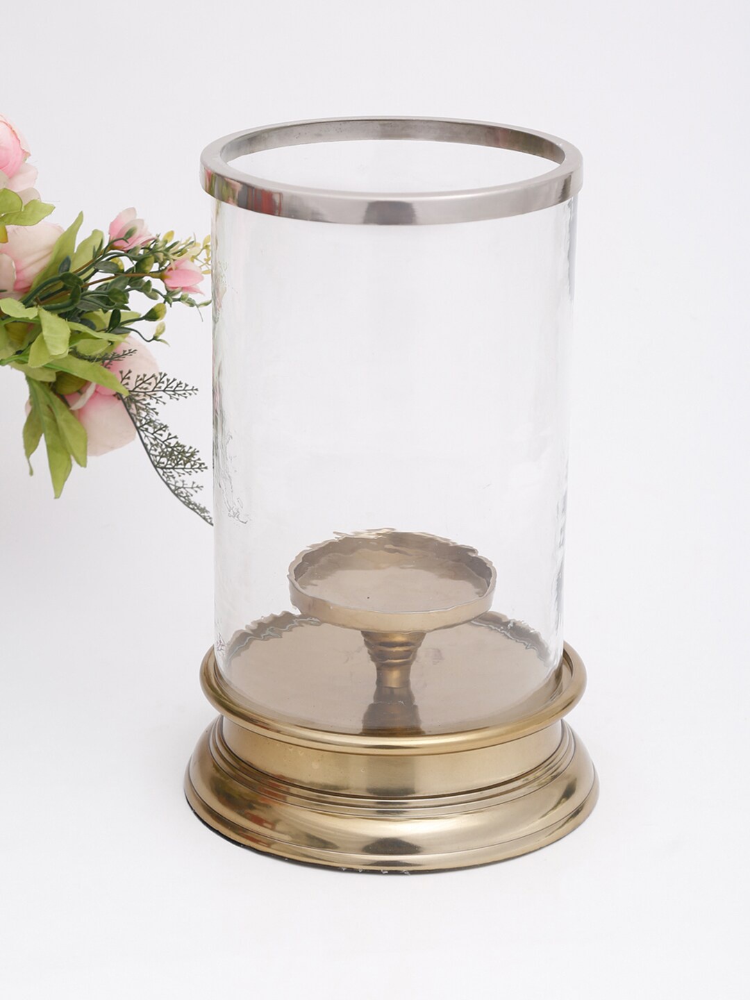 

Fabindia Bronze-Toned & Transparent Etched Pillar Hurricane