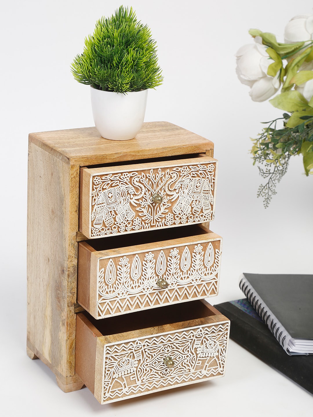 

Fabindia Woman Beige 3 Drawer Handcarved Wood Organiser