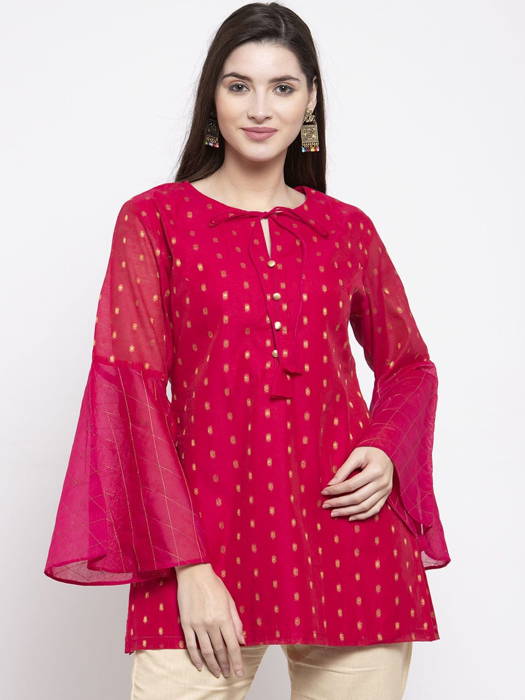 

Bhama Couture Pink & Gold Woven Design Flared Sleeves Pure Cotton Kurti