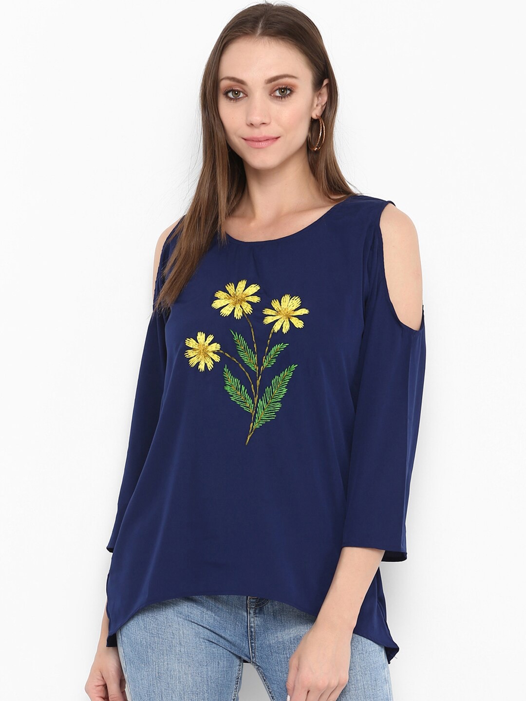 

Bhama Couture Blue & Yellow Floral Embroidered Crepe A-Line Top