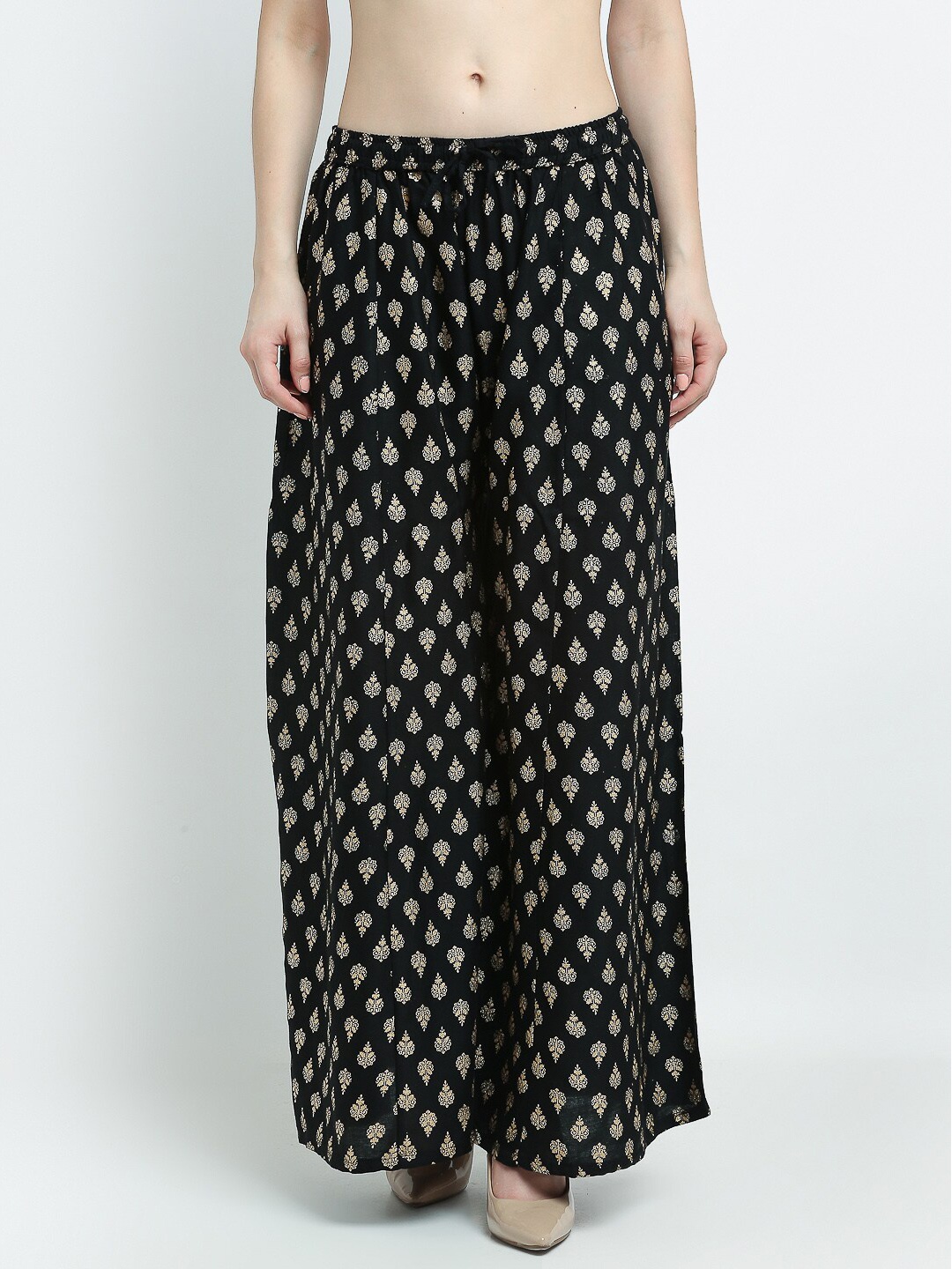 

GRACIT Women Black & Gold-Toned Floral Printed Knitted Ethnic Palazzos