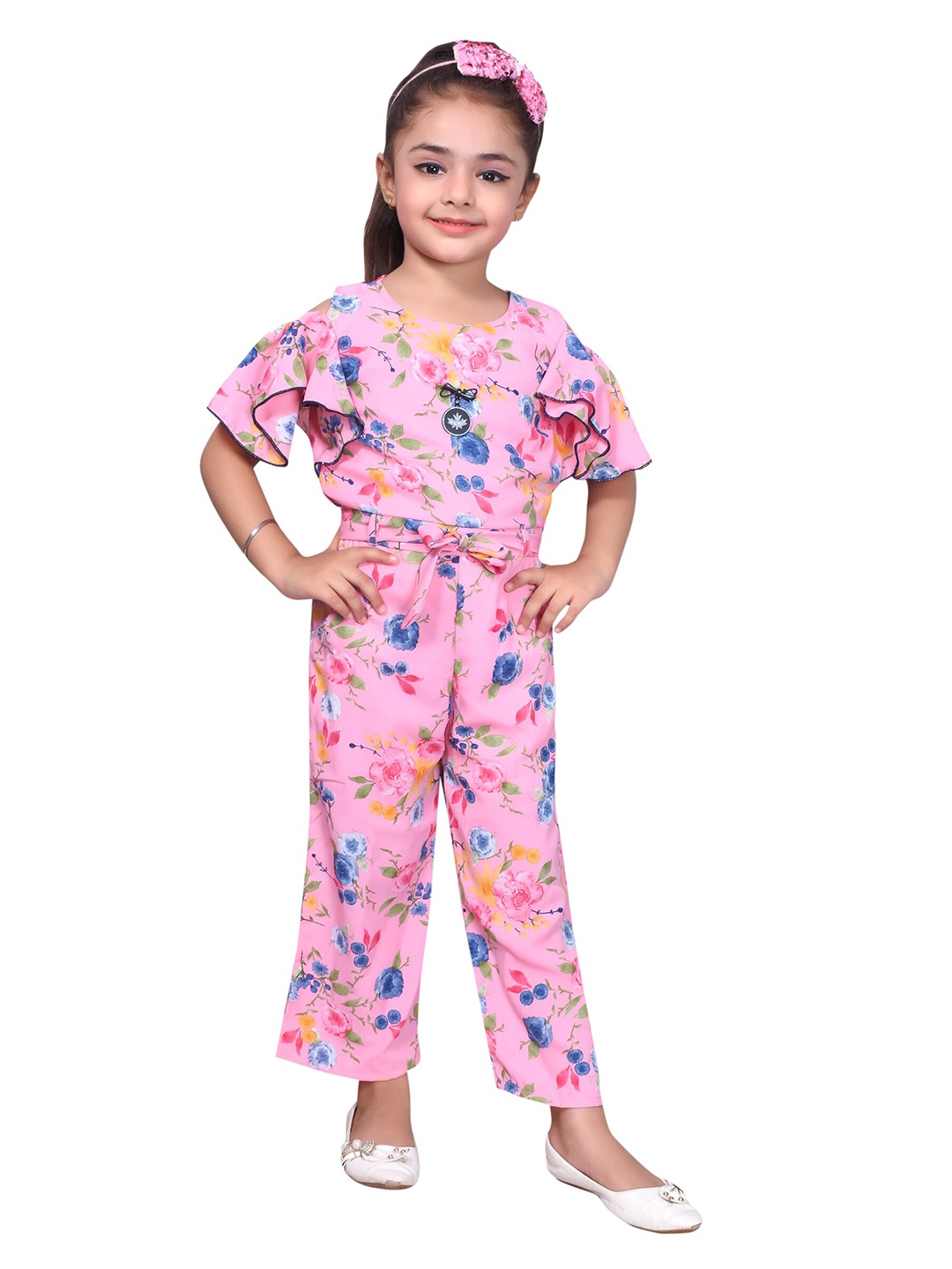 

SKY HEIGHTS Girls Pink Floral Printed Georgette Jumpsuit