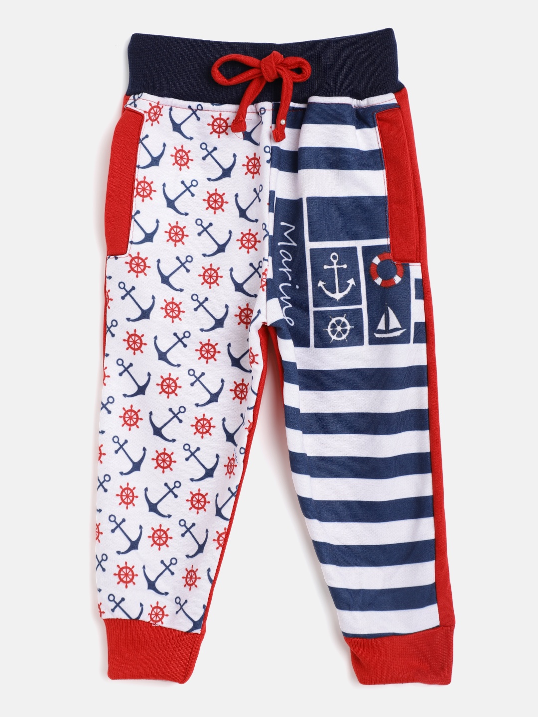 

Eteenz Boys White & Navy Blue Anchor Print & Striped Pure Cotton Joggers