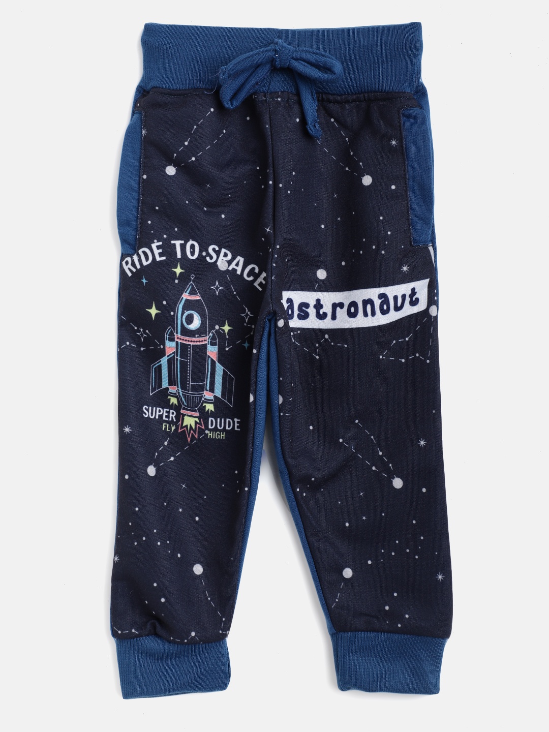 

Eteenz Boys Navy Blue & White Space Printed Pure Cotton Joggers