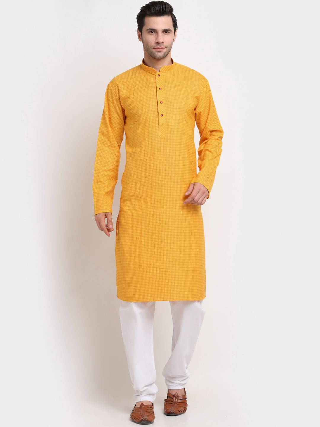 

KRAFT INDIA Men Mustard Yellow Checked Pure Cotton Kurta with Pyjamas