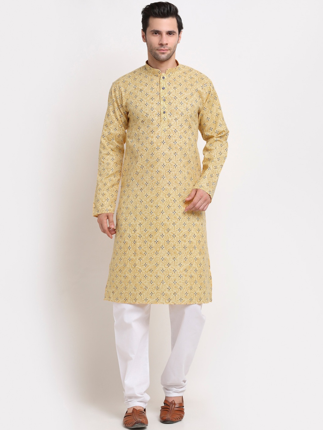 

KRAFT INDIA Men Yellow Angrakha Pure Cotton Kurta with Pyjamas