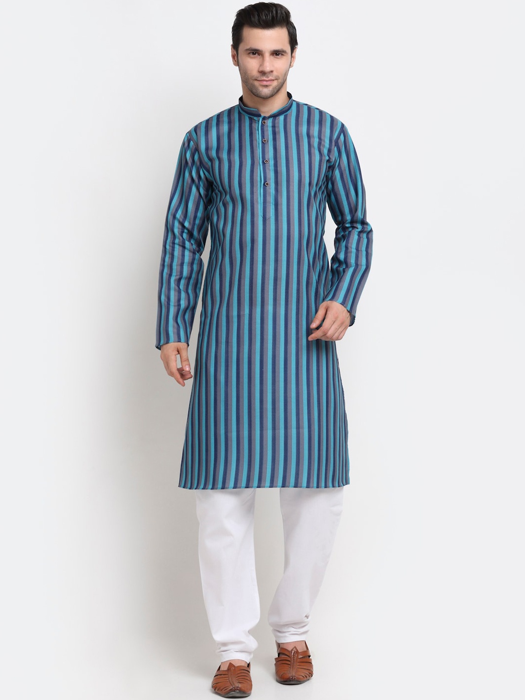 

KRAFT INDIA Men Blue Striped Regular Pure Cotton Kurta with Pyjamas