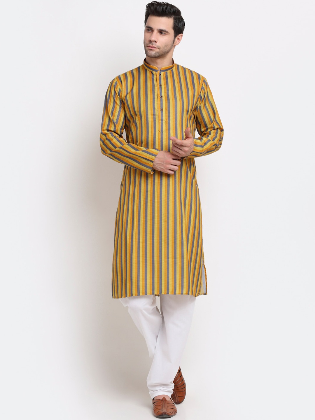 

KRAFT INDIA Men Mustard Yellow Striped Regular Pure Cotton Kurta with Pyjamas