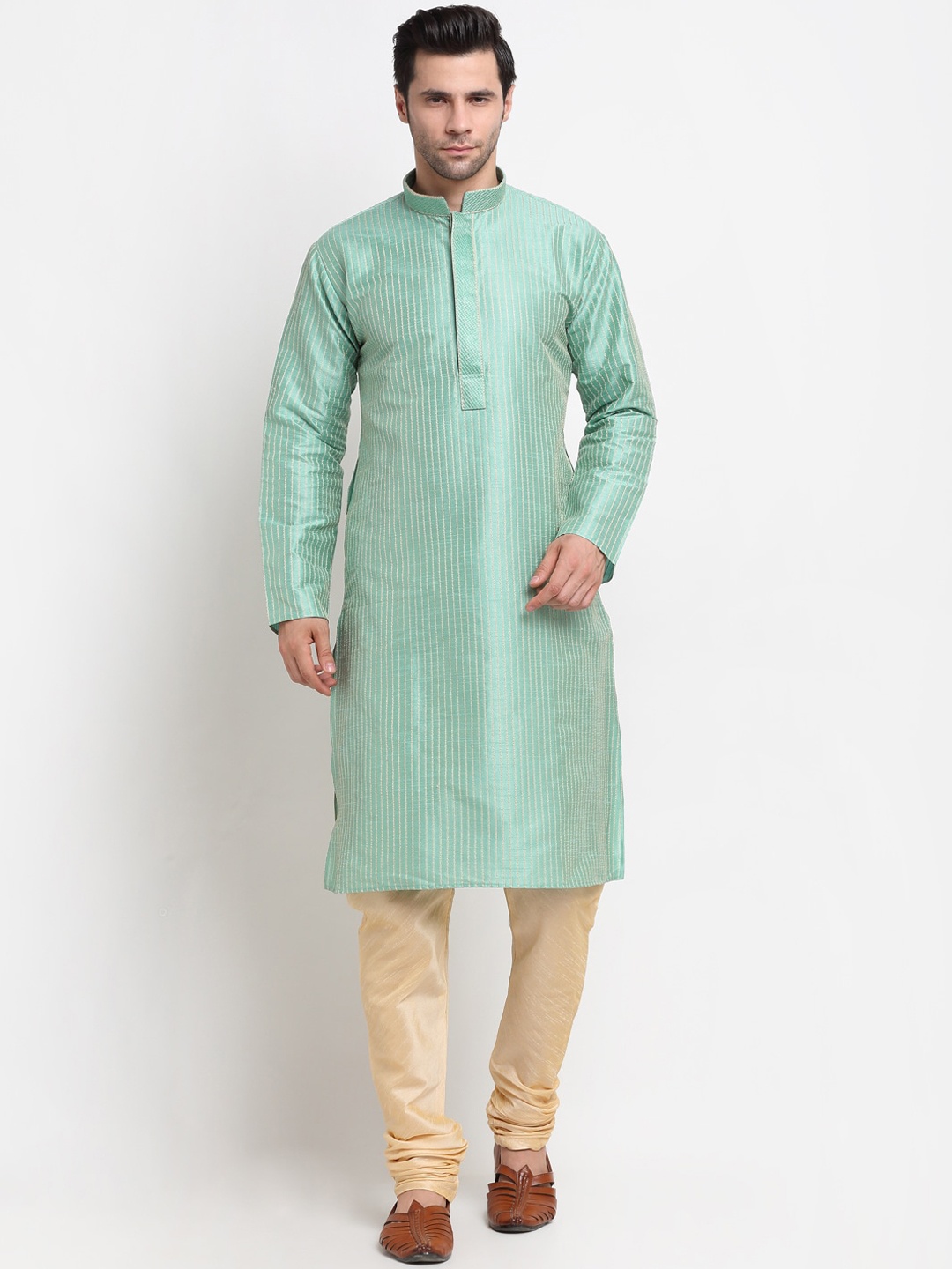 

KRAFT INDIA Men Sea Green Striped Regular Kurta with Churidar